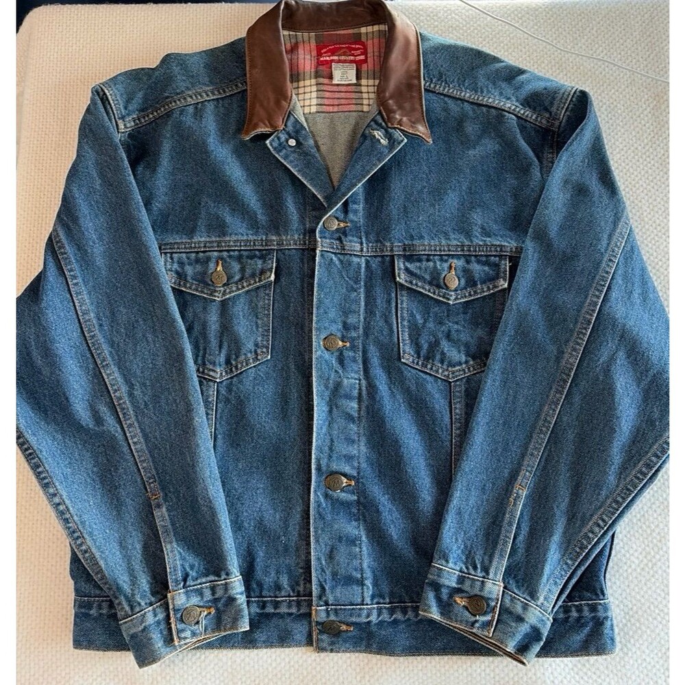 Vintage Marlboro Country Store Denim Jacket, Size Large, Leather Collar, Flannel